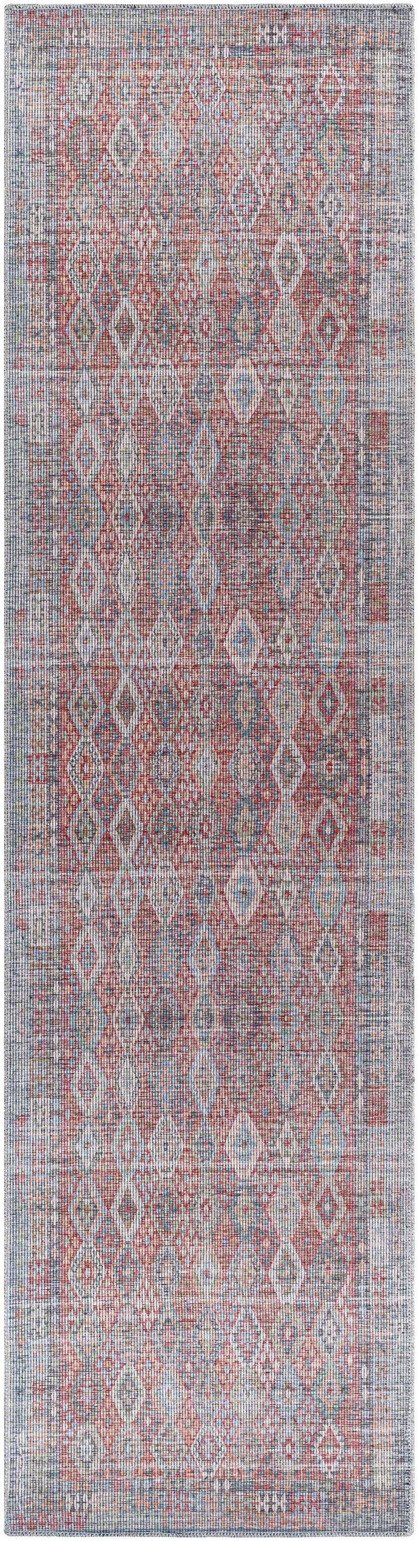 Detailed close-up of the Ranao Washable Area Rug. Features a vintage, oriental design with blue, red, and taupe colors. Design-Runner-2710