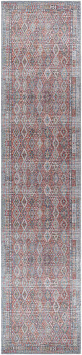 Close-up of the Ranao Washable Area Rug, featuring a vintage diamond pattern in blue, red, and taupe hues. Design-Runner-2712