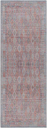 Close up of the Ranao Washable Area Rug. Traditional diamond pattern in blue, red, peach, and green on a taupe background. Design-Runner-2773