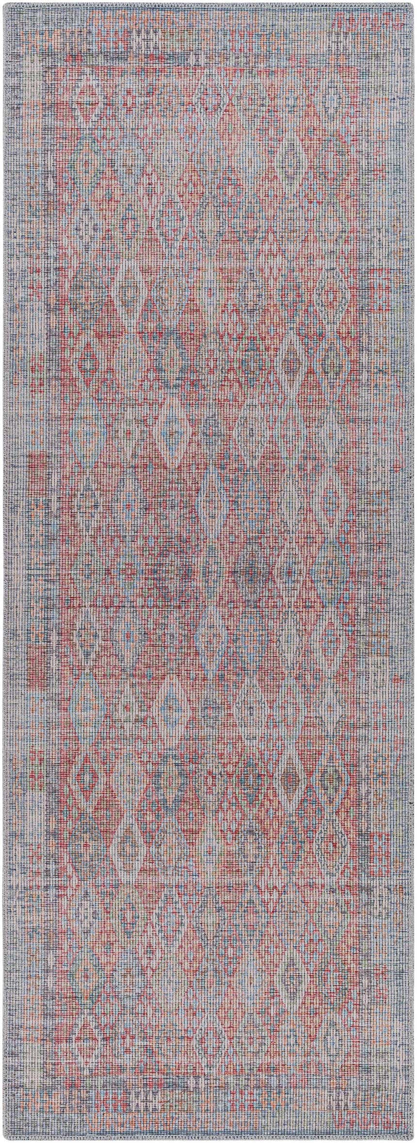 Close up of the Ranao Washable Area Rug. Traditional diamond pattern in blue, red, peach, and green on a taupe background. Design-Runner-2773