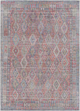 Detailed texture of the Ranao Washable Area Rug in blue, red, and green with a traditional diamond pattern. Design-Rectangle-5373