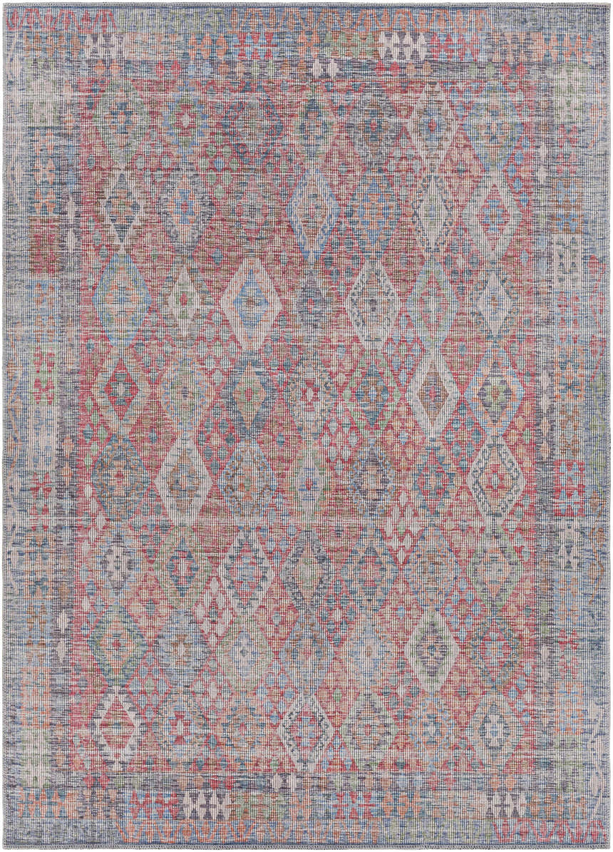Detailed texture of the Ranao Washable Area Rug in blue, red, and green with a traditional diamond pattern. Design-Rectangle-5373