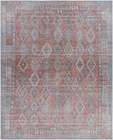 Ranao Washable Area Rug with a traditional diamond pattern in blue, red, peach, and taupe. Vintage style. Design-Rectangle-710102