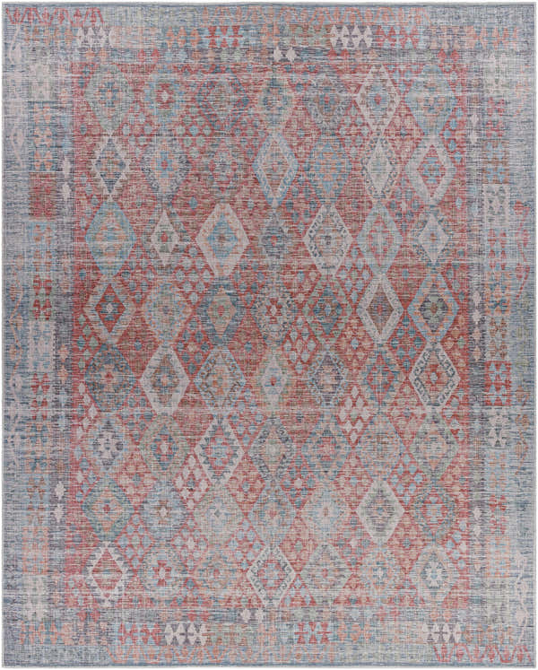 Ranao Washable Area Rug with a traditional diamond pattern in blue, red, peach, and taupe. Vintage style. Design-Rectangle-710102