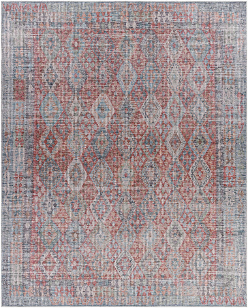 Ranao Washable Area Rug with a traditional diamond pattern in blue, red, peach, and taupe. Vintage style. Design-Rectangle-710102