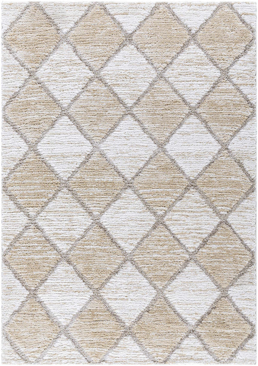 Close-up of the Aideen Cream Shag Area Rug, featuring a diamond pattern in cream, light brown, and gray. Soft texture. Design-Rectangle-537