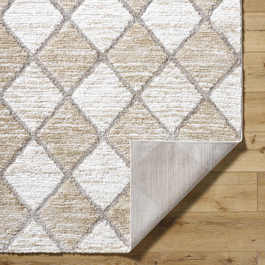 Close-up of the Aideen Cream Shag Area Rug showing diamond pattern and texture. Colors are cream, gray, and light brown. Fold