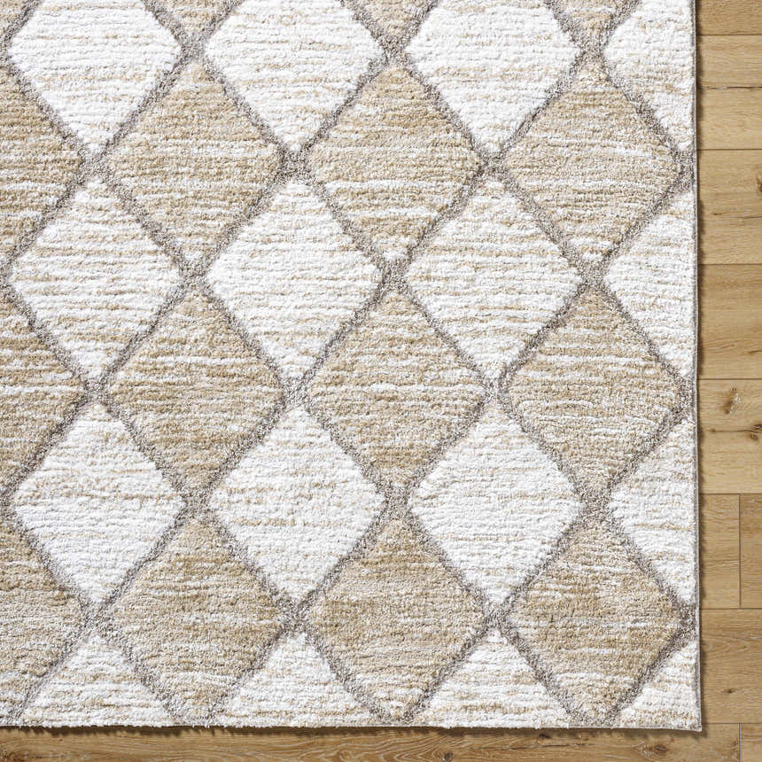 Close up of Aideen Cream Shag Area Rug featuring a diamond pattern in cream, light brown, and gray on wood floors. Corner