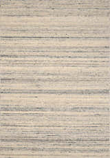Close-up of the Capote Ivory Area Rug. Hand-tufted wool rug with a subtle charcoal, ivory, and tan horizontal stripe design. Design-Rectangle-23