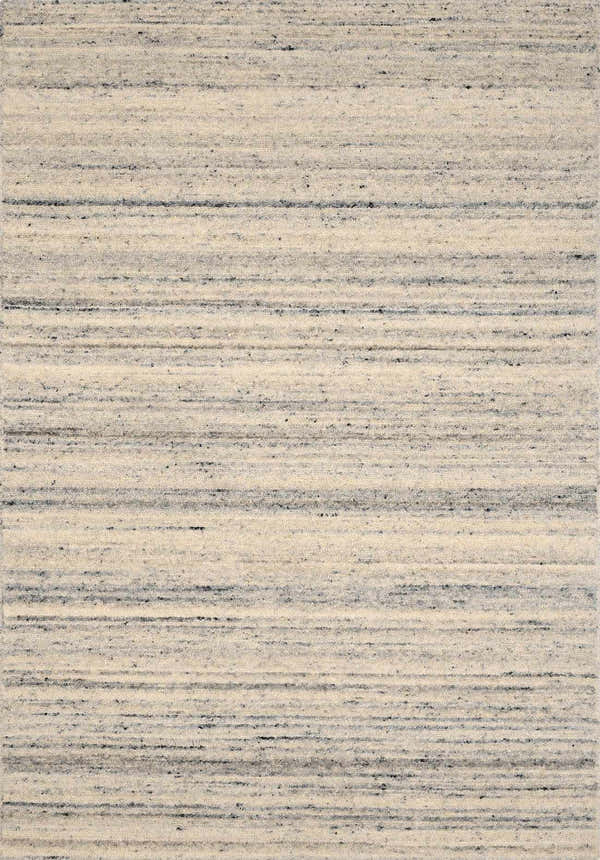 Close-up of the Capote Ivory Area Rug. Hand-tufted wool rug with a subtle charcoal, ivory, and tan horizontal stripe design. Design-Rectangle-23