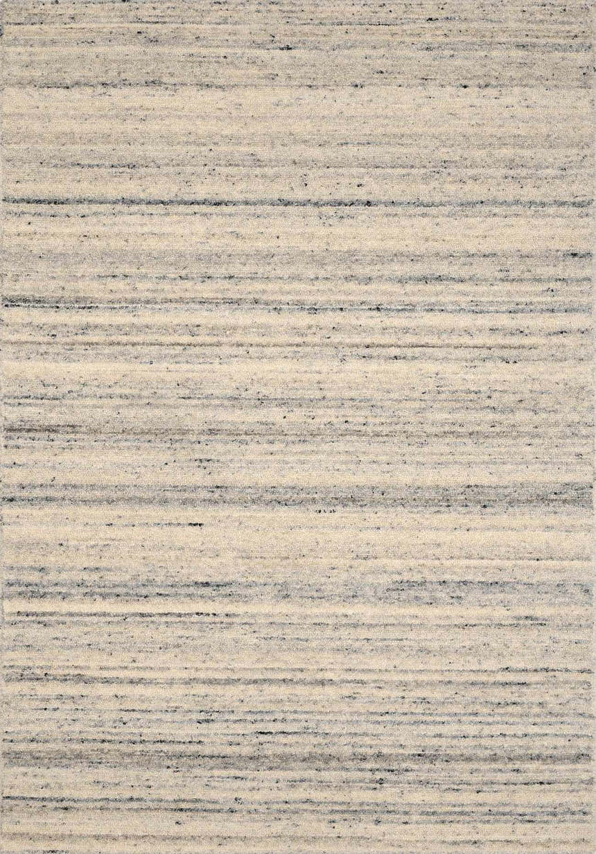 Close-up of the Capote Ivory Area Rug. Hand-tufted wool rug with a subtle charcoal, ivory, and tan horizontal stripe design. Design-Rectangle-23