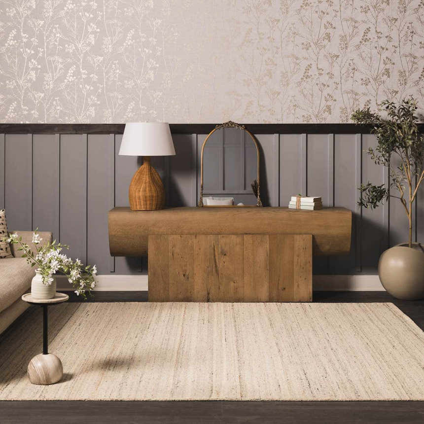 Living room scene with a Capote Ivory Area Rug, wood console table, and floral wallpaper. Roomscene-Rectangle