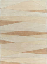 Close-up of the Robin Modern Wool Rug. Caramel and cream geometric pattern, hand-tufted texture. Design-Rectangle-811