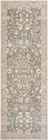 Close-up of the Anando Washable Area Rug. Features a traditional floral pattern in cream, green, orange, and pale pink. Design-Runner-27710
