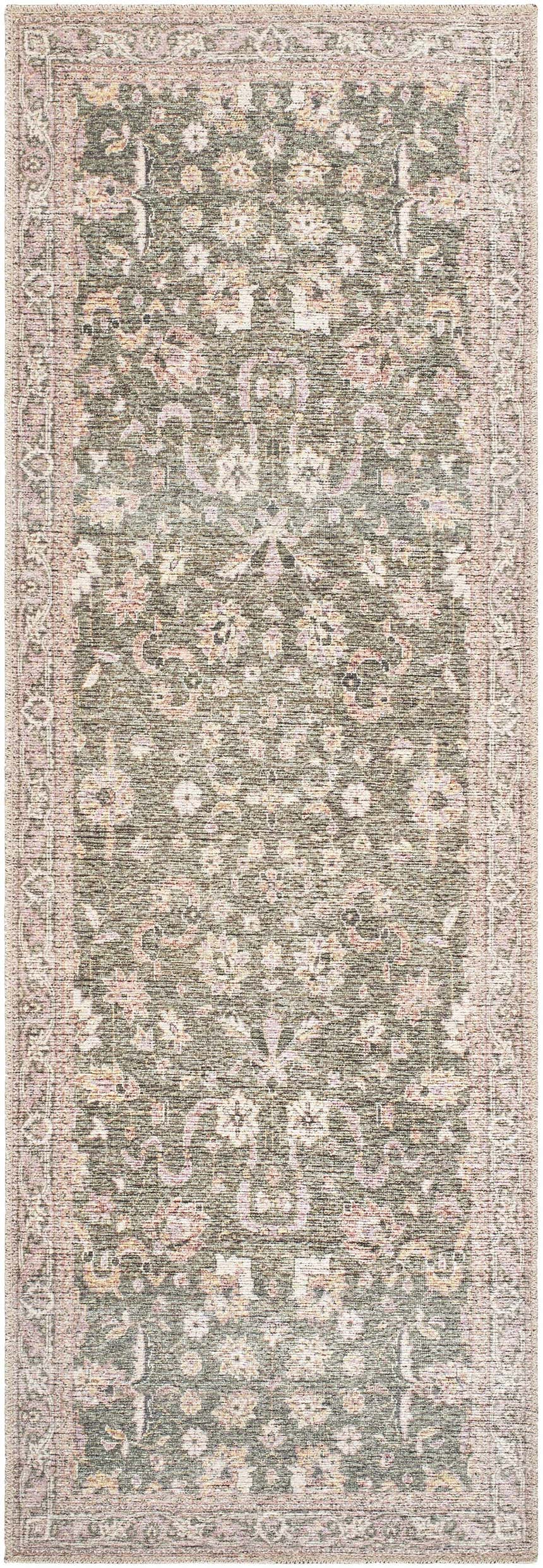 Close-up of the Anando Washable Area Rug. Features a traditional floral pattern in cream, green, orange, and pale pink. Design-Runner-27710