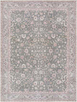 Close-up of the Anando Washable Area Rug. Machine-woven polyester rug in cream, green, orange, and pale pink floral pattern. Design-Rectangle-537