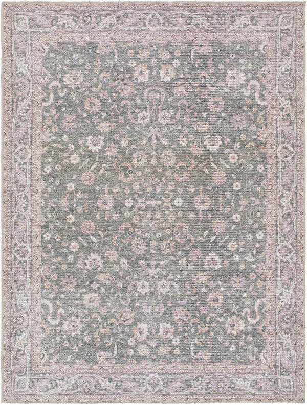 Close-up of the Anando Washable Area Rug. Machine-woven polyester rug in cream, green, orange, and pale pink floral pattern. Design-Rectangle-537