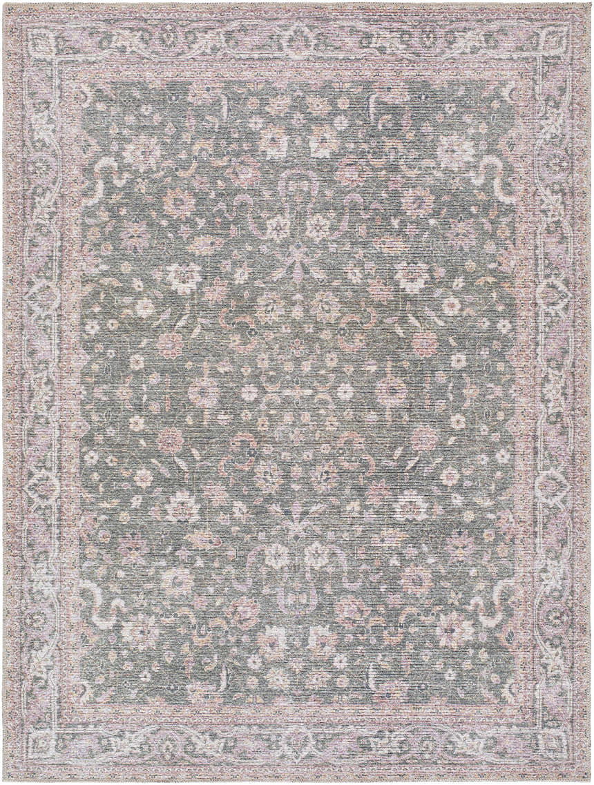 Close-up of the Anando Washable Area Rug. Machine-woven polyester rug in cream, green, orange, and pale pink floral pattern. Design-Rectangle-537