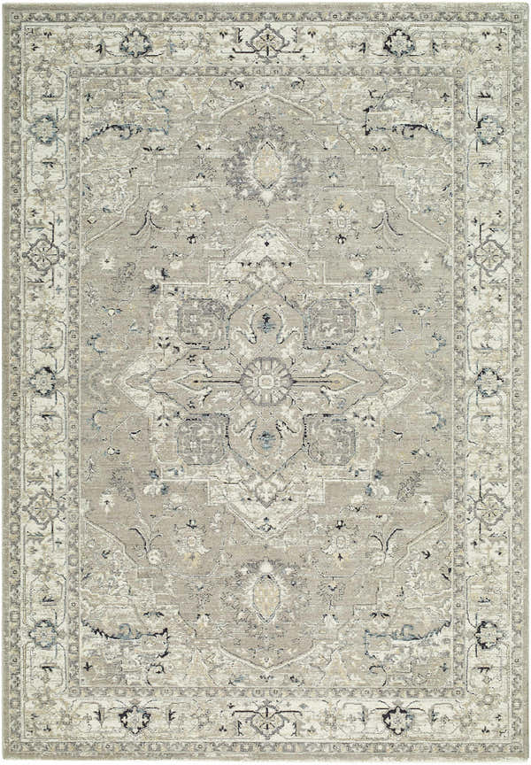 Close-up of the Ayzize Beige Area Rug, a traditional rug with beige, charcoal, ivory, and slate blue tones. Design-Rectangle-6796