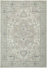 Close-up of the Ayzize Ivory Area Rug featuring a traditional floral pattern in charcoal, ivory, and sky blue tones. Design-Rectangle-6796
