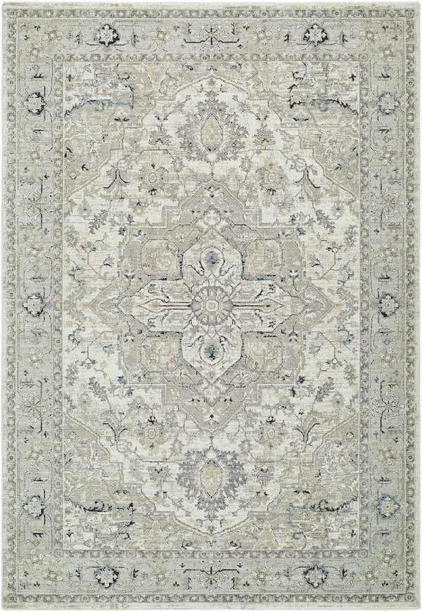 Close-up of the Ayzize Ivory Area Rug featuring a traditional floral pattern in charcoal, ivory, and sky blue tones. Design-Rectangle-6796