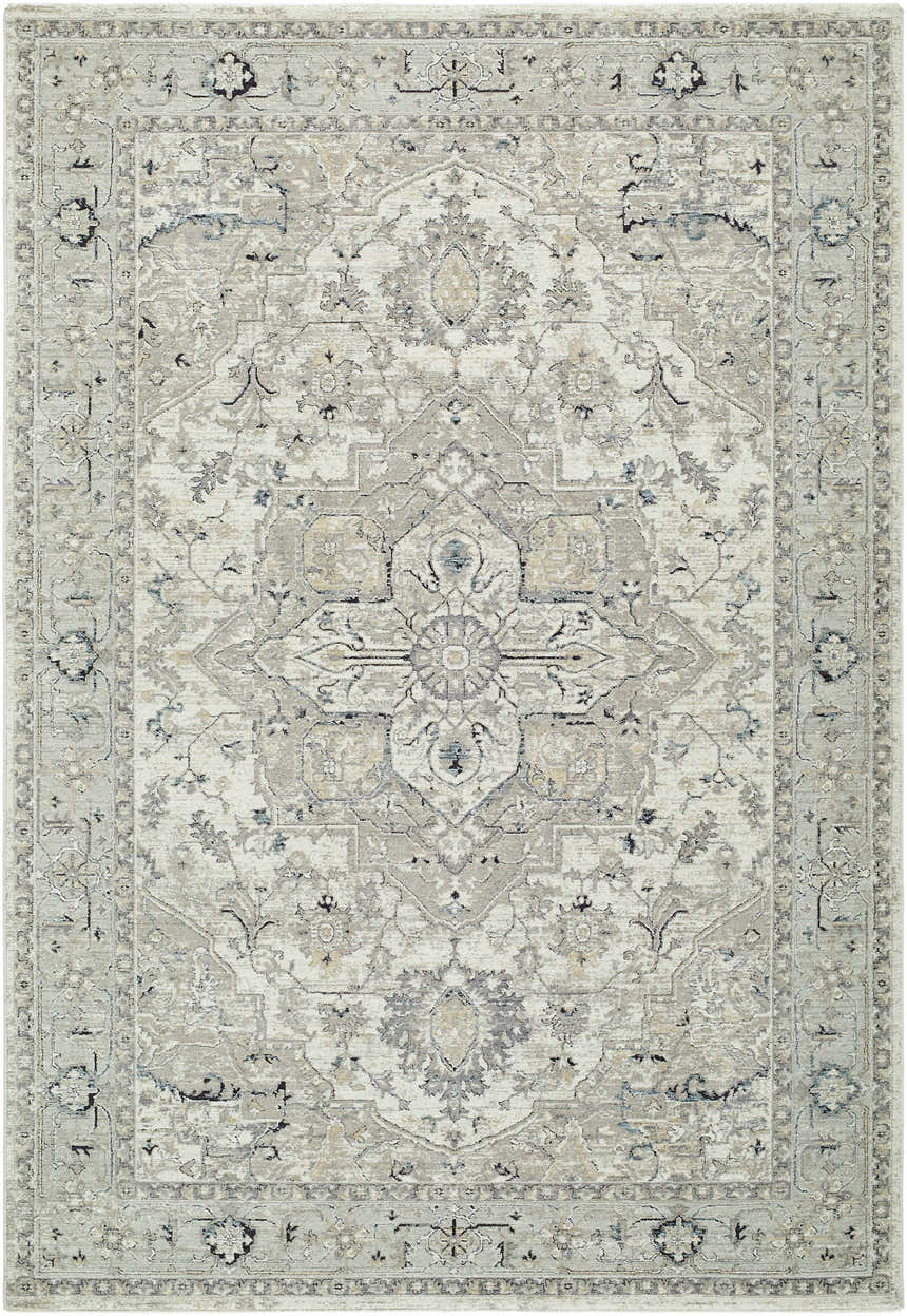 Close-up of the Ayzize Ivory Area Rug featuring a traditional floral pattern in charcoal, ivory, and sky blue tones. Design-Rectangle-6796