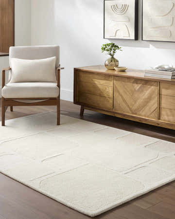 Living room scene with a beige Antwan Area Rug, wood console table, neutral chair, and minimalist art. Roomscene-Rectangle