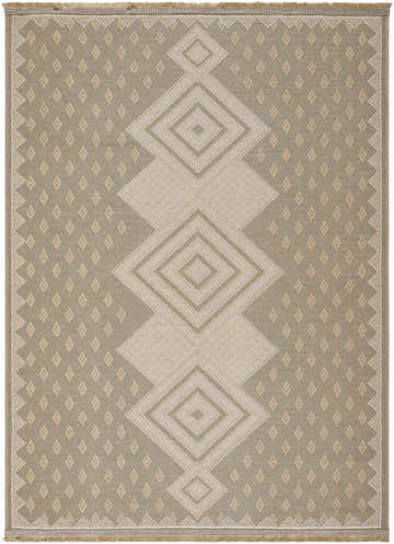 Close-up of the Ragni Washable Jute Rug. Beige and cream diamonds pattern. Farmhouse style rug with jute texture. Design-Rectangle-527