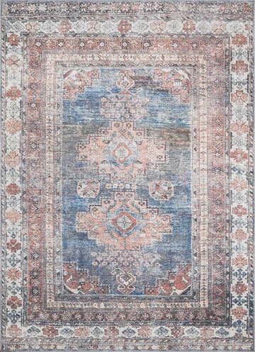 Close-up of the Baltinglass Rust & Blue Washable Area Rug, featuring a traditional oriental pattern and distressed texture. Design-Rectangle
