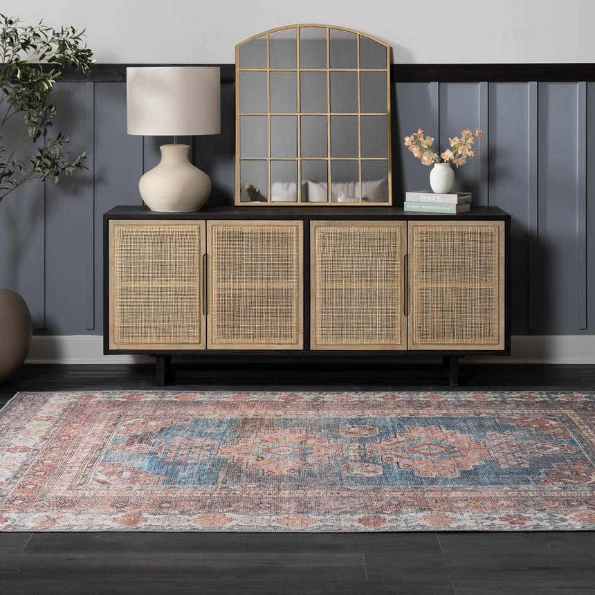 Entryway scene with a Baltinglass Rust & Blue Washable Area Rug, dark wood floors, and a cane cabinet. Roomscene-Rectangle