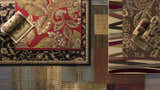 Close-up of various area rugs showing floral, geometric, and abstract patterns in red, brown, and black colors. Styleshot