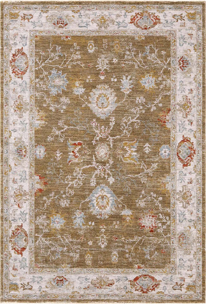 Detailed view of the Rangeville Thick Luxe Statement Rug with brown, orange, and blue floral pattern. Design-Rectangle
