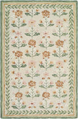 Close-up of the hand-tufted Acacia Area Rug. Floral design in pink, brown, and green with a leaf border on a cream background. Design-Rectangle-576