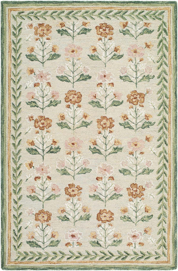 Close-up of the hand-tufted Acacia Area Rug. Floral design in pink, brown, and green with a leaf border on a cream background. Design-Rectangle-576