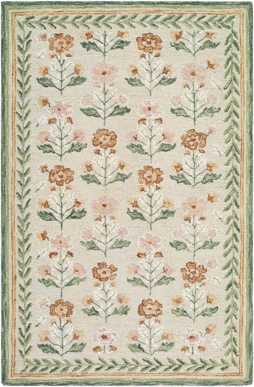 Close-up of the hand-tufted Acacia Area Rug. Floral design in pink, brown, and green with a leaf border on a cream background. Design-Rectangle-576