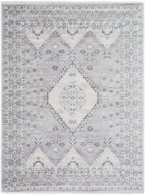 Close-up of the Aoibhe Area Rug. Machine-woven polyester rug in ivory, medium gray, and slate gray with a traditional floral pattern. Design-Rectangle-57