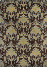 Close-up of Roff Wool Area Carpet. Brown rug with a dusty sage and tan bohemian floral pattern. Hand-tufted texture. Design-Rectangle-913