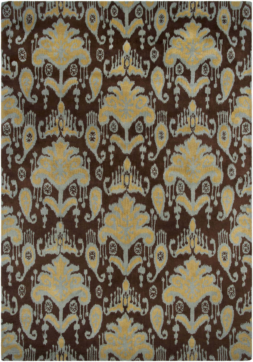 Close-up of Roff Wool Area Carpet. Brown rug with a dusty sage and tan bohemian floral pattern. Hand-tufted texture. Design-Rectangle-913