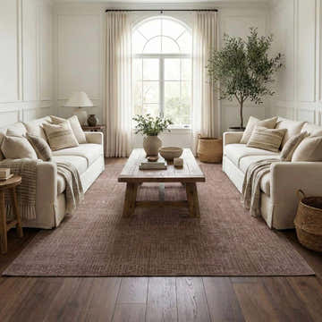 Living room scene with Leanna Light Brown Washable Area Rug, sofas, wood coffee table, and neutral decor. Roomscene-Rectangle