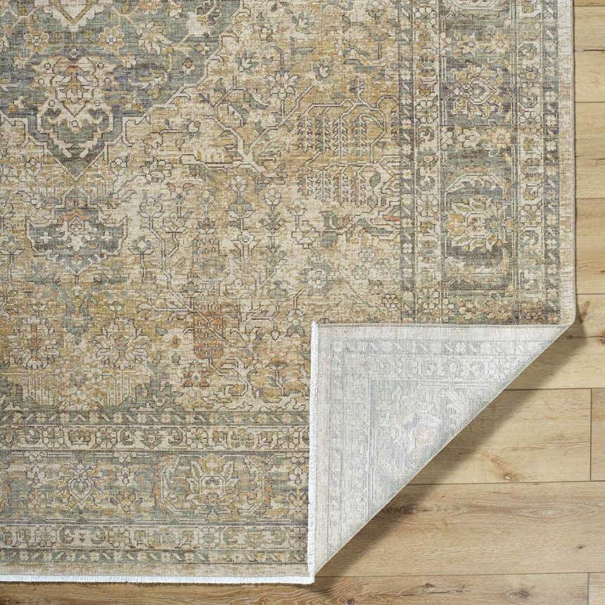 Close-up of the Becki Beige Owens x Livabliss Renaissance Area Rug, a traditional wool rug with beige, tan, and dark brown tones. Fold