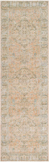 Close-up of Becki Owens x Livabliss Renaissance BORI-2301 runner rug. Beige, denim, coral, tan, and taupe farmhouse traditional design. Design-Runner
