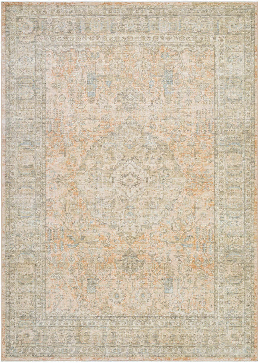 Becki Owens x Livabliss Renaissance BORI-2301 area rug. Traditional wool rug in beige, denim, dusty coral, tan, and taupe. Design-Rectangle-810