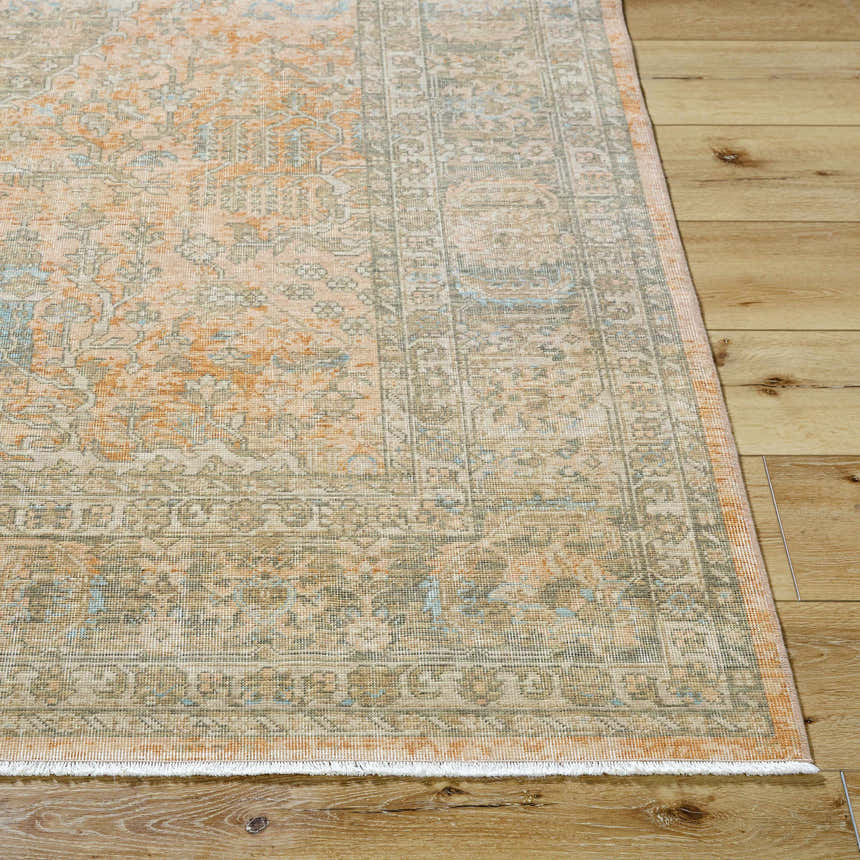 Close-up of Becki Owens x Livabliss Renaissance BORI-2301 runner rug. Beige, coral, and denim traditional pattern. Front