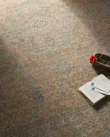 Close-up of the Becki Owens x Livabliss Renaissance BORI-2301 rug. Beige, denim, coral, and tan farmhouse style wool rug. Styleshot