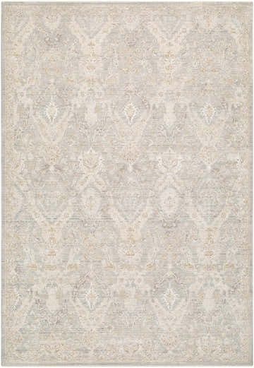 Close-up of Almaas Sage rug. Farmhouse style rug with ivory, gray, sandstone, and taupe traditional pattern. Design-Rectangle-6796