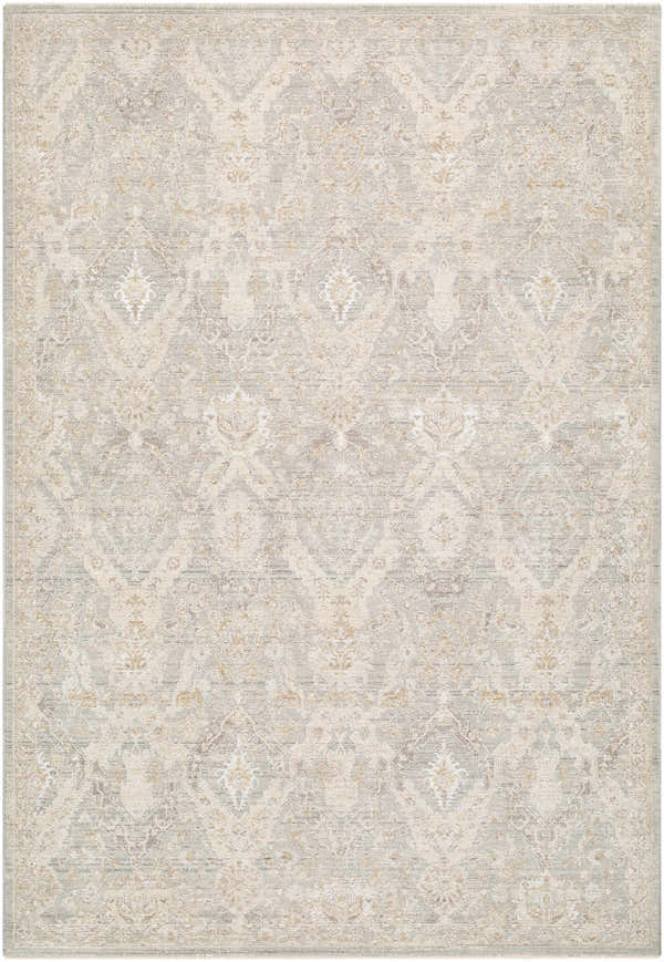 Close-up of Almaas Sage rug. Farmhouse style rug with ivory, gray, sandstone, and taupe traditional pattern. Design-Rectangle-6796