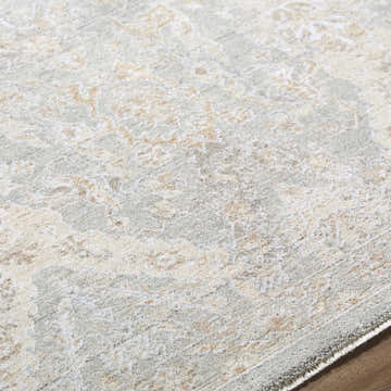 Close up of Almaas Sage Thick Luxe Area Rug showing ivory, gray, and sandstone colors and soft texture. Texture