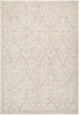 Close-up of the Almaas Cream Thick Luxe Area Rug featuring a traditional, subtle diamond and floral pattern. Design-Rectangle-6796