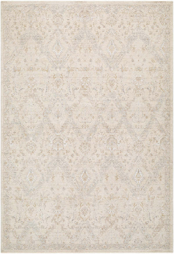 Close-up of the Almaas Cream Thick Luxe Area Rug featuring a traditional, subtle diamond and floral pattern. Design-Rectangle-6796