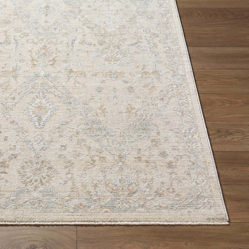 Close-up of the Almaas Cream Thick Luxe Area Rug showing its traditional pattern and soft texture on a wood floor. Front